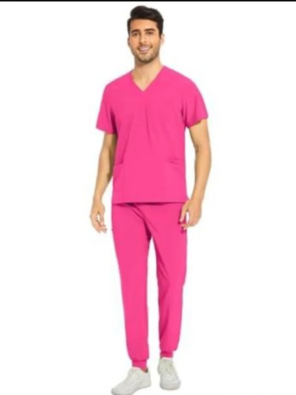COZYFIT V-Neck Scrub Top &Jogger Pant W/8 Pockets, Anti Wrinkle, M-Tall Hot Pink